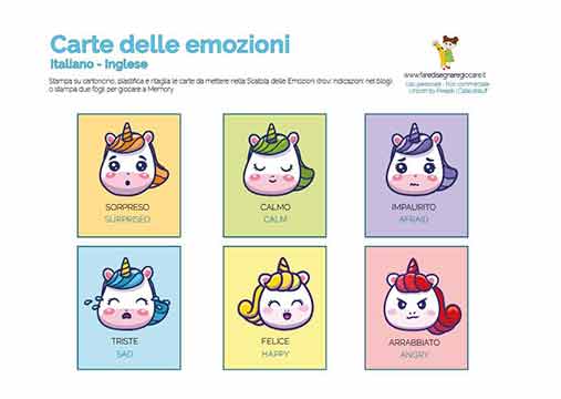Flashcards delle emozioni unicorno da stampare italiano inglese